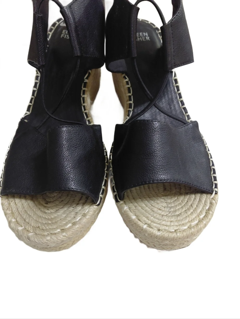 Eileen Fisher Black Leather Espadrille Wedge Sandals Size 10